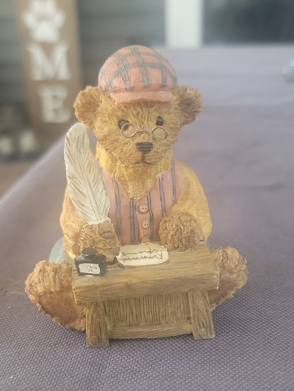 Home Interiors Tan and Peach Teddy Bear Writer Figurine with Ink Quill
